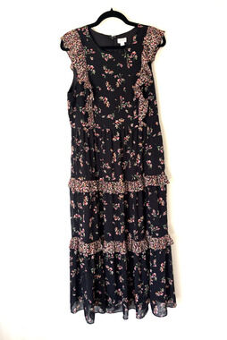 J. Crew Dress Large Midi Aline Tiered Ruffles Black Floral Sleeveless